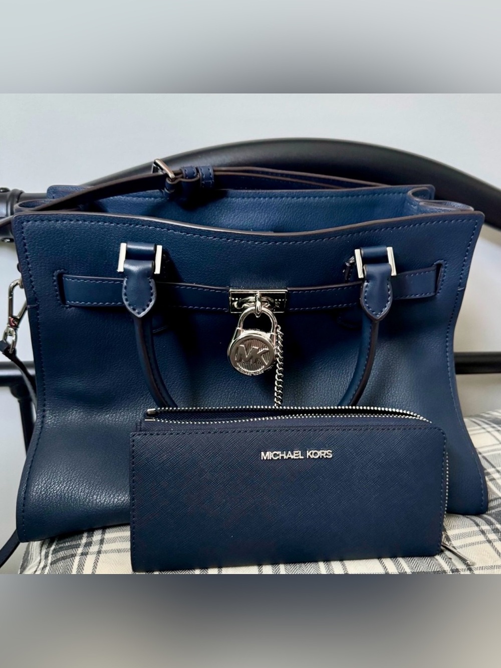 Michael Kors Navy Leather Tote with Silver Hardware and Matching Wallet